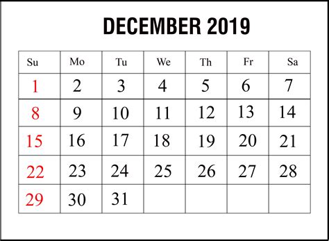 December 2019 Printable Calendar Free